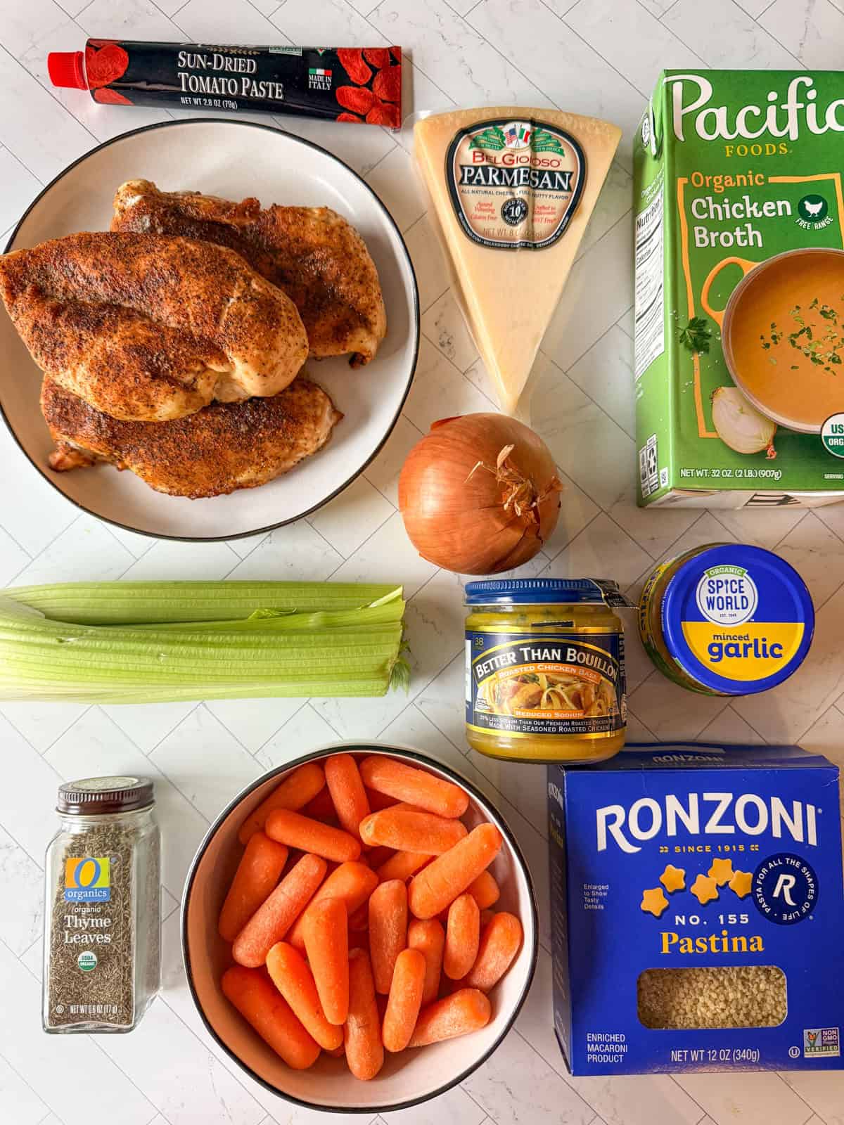 Discover how to make the easiest and most delicious Italian Pastina Soup that’s perfect for cozy nights, bursting with comforting flavors in every spoonful. Ingredients for Pastina Soup laid out from above.