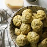 Pesto Meatballs in a stineware bowl.
