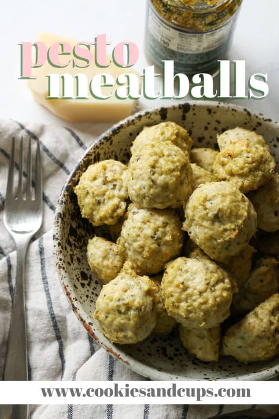 Chicken Pesto Meatballs Pinterest image with text overlay