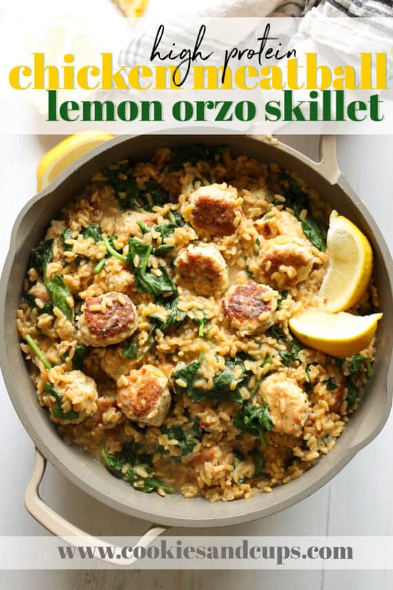 High Protein Chicken Meatball Lemon Orzo Skillet Pinterest Image