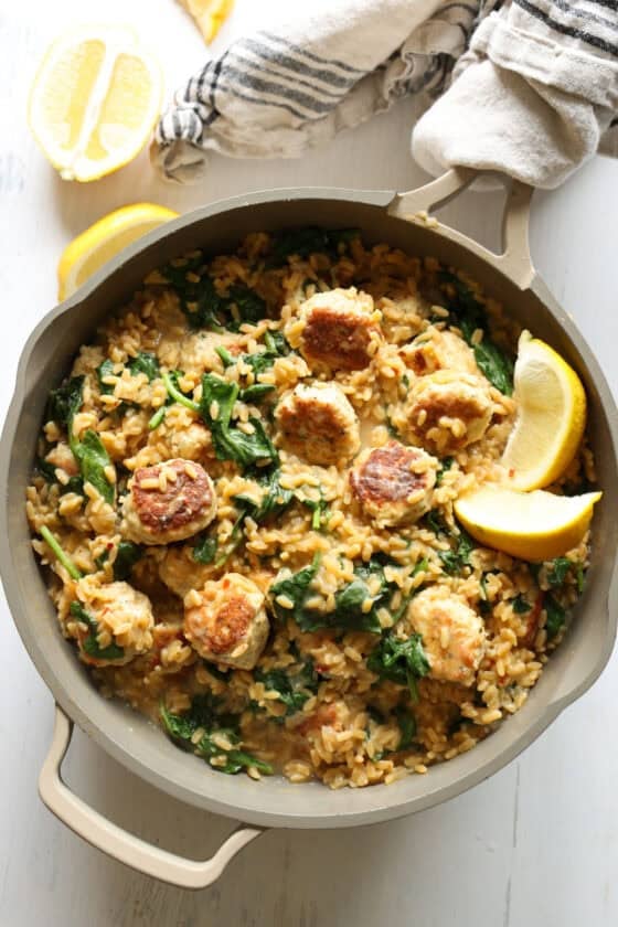 High Protein Chicken Meatball Lemon Orzo Skillet