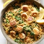 High protein skillet dinner with chicken meatballs and protein pasta.