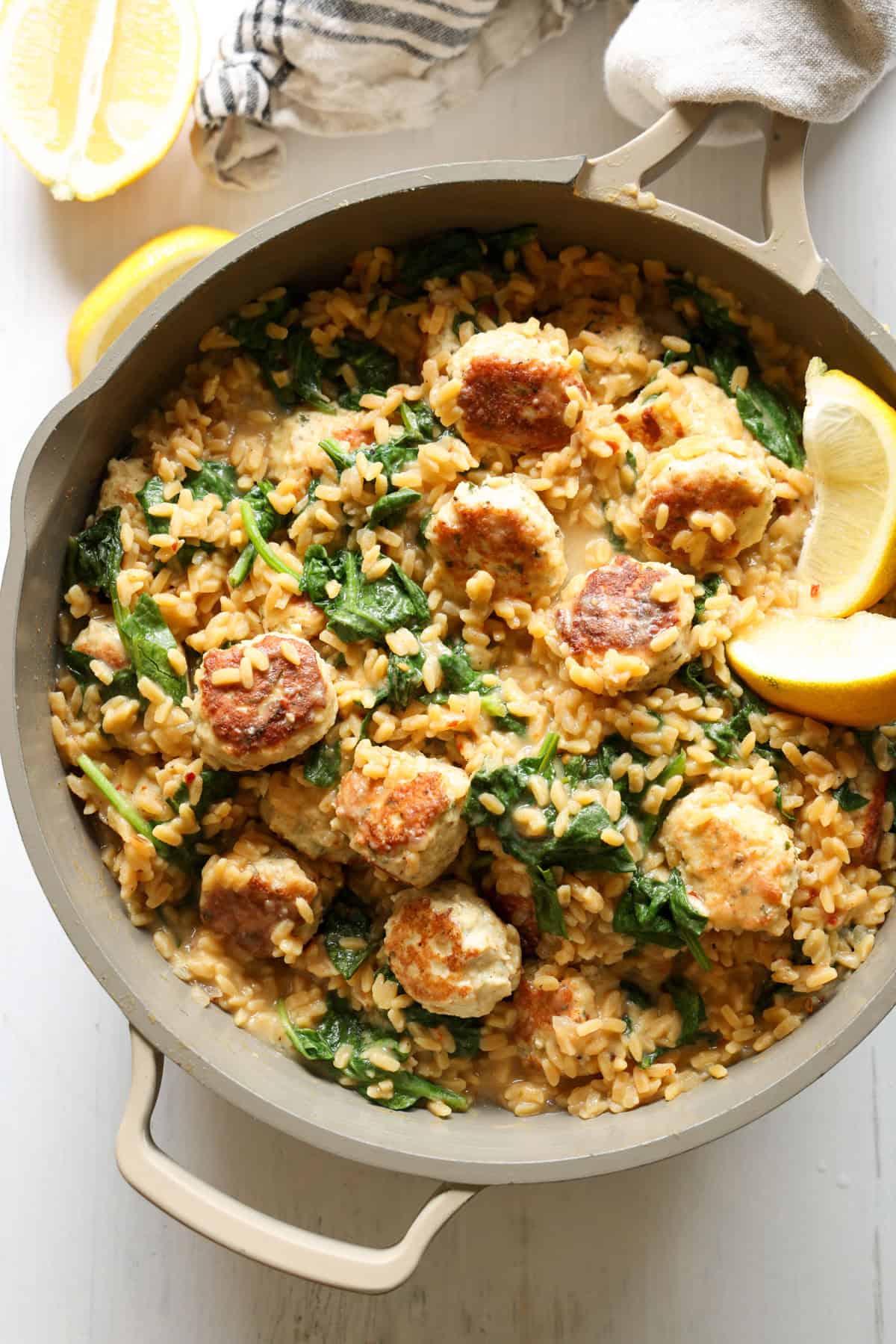 High protein skillet dinner with chicken meatballs and protein pasta.
