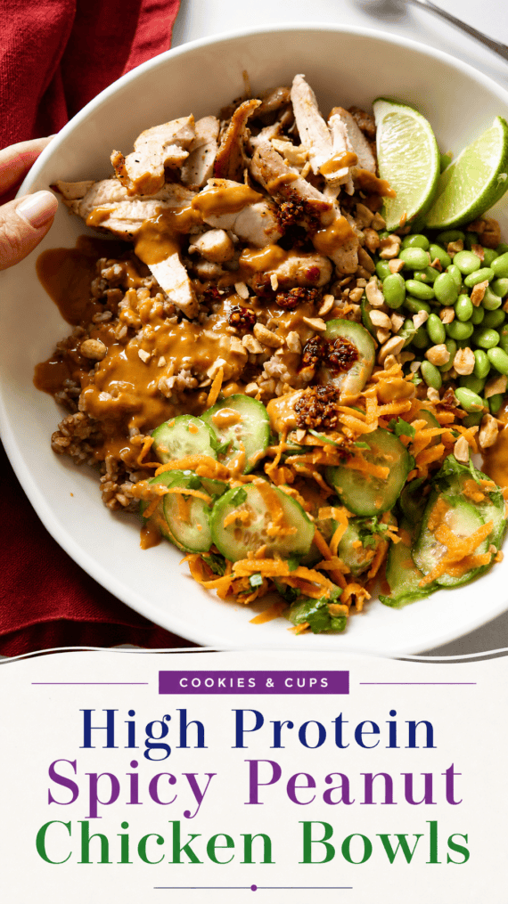 Spicy Peanut Chicken Bowls Pinterest Image with text overlay