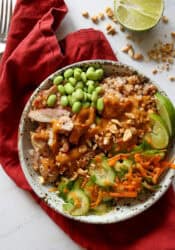 A high protein chicken bowl in a stone bowl drizzled with peanut sauce.