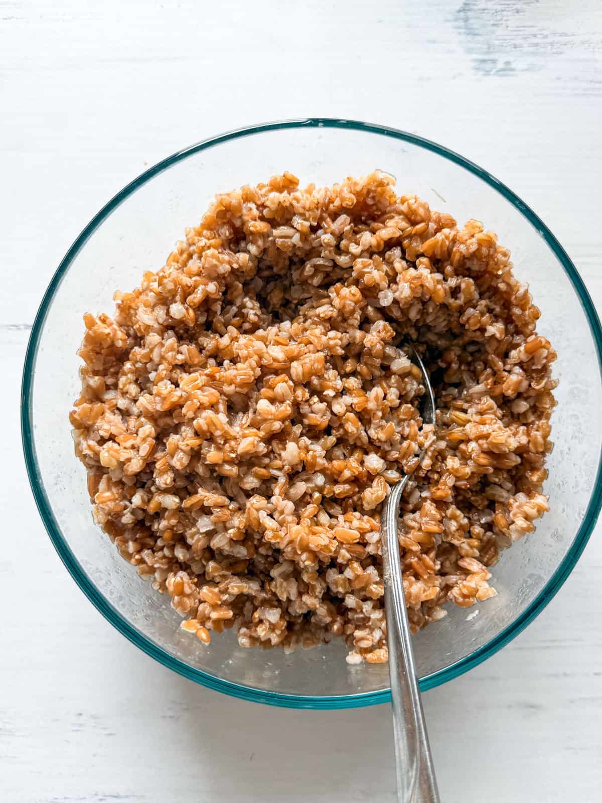 Cooked farro in a glass bowl