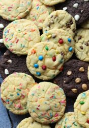 Cake mix cookies with M&Ms and sprinkles.