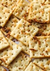 Seasoned Saltines on a baking sheet