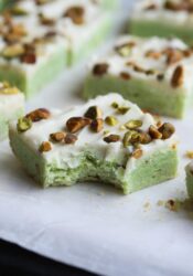 Pistachio Cookie Bar with a bite taken out