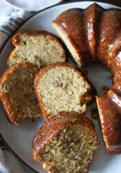 Sliced banana pound cake on a plate.