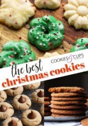 Collage of spritz cookies, peanut butter blossoms and gingersnap cookies